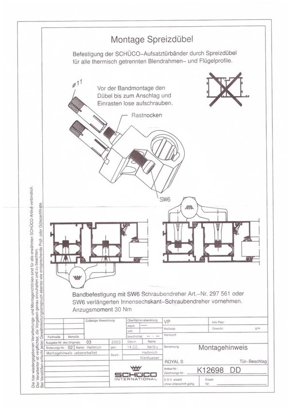 Schüco Befestigungsschrauben für Türbänder 240324 (1 Schraube+1 Spreitzdübel)